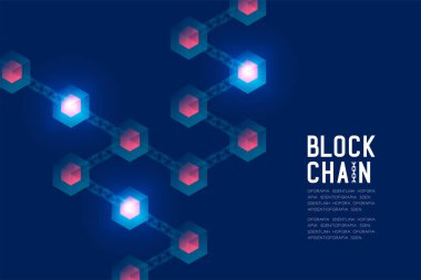 Koyu mavi arka plan ve Blockchain metin kopya alanı, vektör eps 10 ile Blockchain teknoloji 3d izometrik sanal, sistem çevrimiçi konsept tasarım illüstrasyon izole