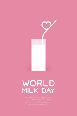 Aşk kalp saman, dünya süt günü kavramı düz tasarım illüstrasyon izole kopya alanı, vektör eps 10 ile pembe arka plan üzerinde bardakla süt