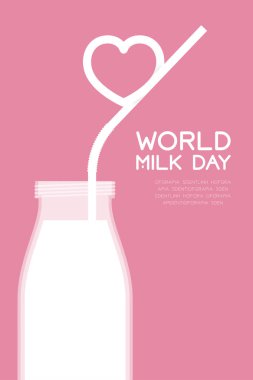 Aşk kalp saman, dünya süt günü kavramı düz tasarım illüstrasyon izole kopya alanı, vektör eps 10 ile pembe arka plan üzerinde ile şişede süt