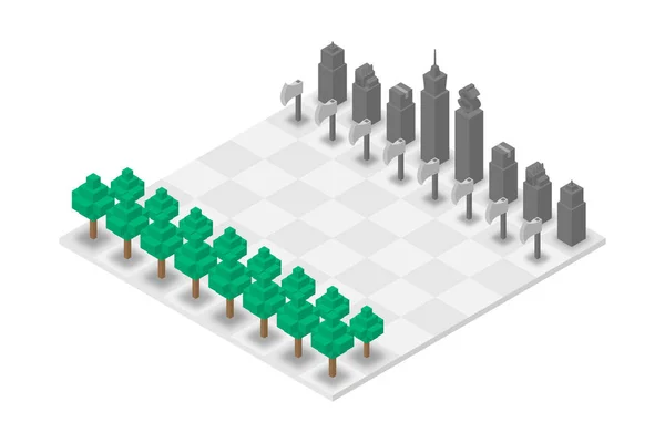 抽象森林和大厦棋3D 等距虚拟 世界环境日概念设计例证查出在白色背景 — 图库矢量图片