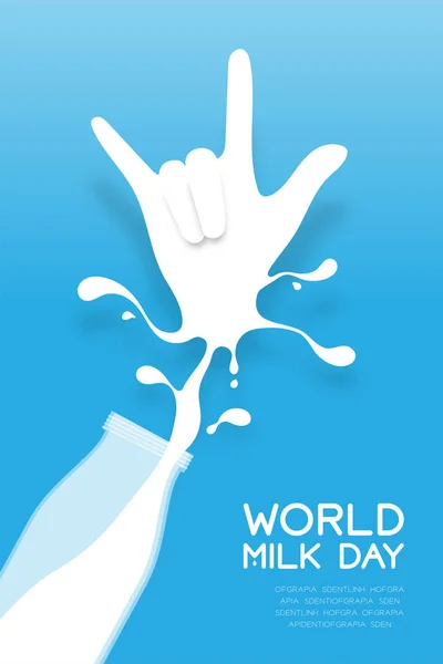 Salpicadura Leche Love You Forma Lenguaje Señas Mano Botella World — Vector de stock