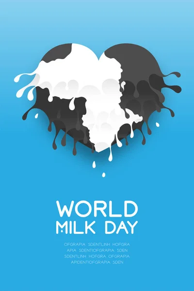 Melk Splash Love Hart Vormlaag Met Koe Patroon Melk Werelddag — Stockvector