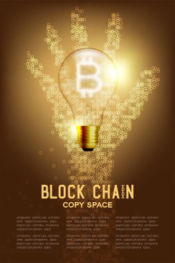 Alfabe akkor ampul anahtarı set Bitcoin Cryptocurrency sembolü geometrik daire desen el ile Blockchain teknoloji kavramı tasarım illüstrasyon izole kahverengi gradyan arka planı