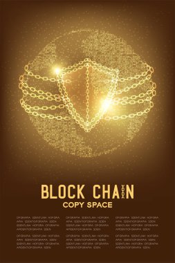 Geometrik daire desen küre zinciri kalkan koruma, güvenlik Blockchain teknoloji konsept tasarım illüstrasyon izole kahverengi degrade arka plan ve Blockchain metin kopya alanı ile