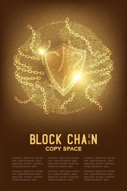 Kopya alanı ile çözün kalkan koruma, güvenlik Blockchain teknoloji konsept tasarım illüstrasyon izole kahverengi degrade arka plan ve Blockchain metin ile geometrik daire desen küre