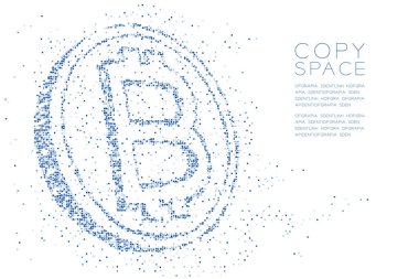 Soyut geometrik kare kutu model Bitcoin cryptocurrency şekli, Blockchain teknoloji konsept tasarım mavi renk illüstrasyon izole kopya alanı, vektör eps 10 beyaz zemin üzerine
