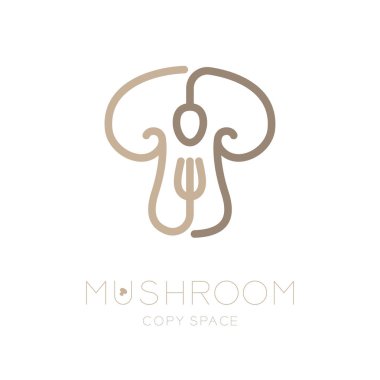 Mantar logo simge kaşık çatal kavramı anahat bölümlü düz dizayn kahverengi renk illüstrasyon izole mantar metin ve kopya alanı, vektör eps 10 beyaz zemin üzerine ayarla