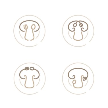 Düz dizayn kahverengi renk illüstrasyon izole beyaz zemin üzerine, vektör eps 10 kaşık çatal tabak kavramı anahattı kontur ile mantar Icon set