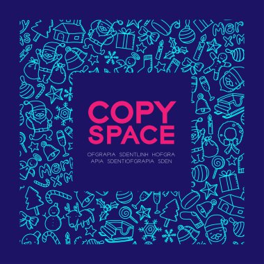 Neşeli x'mas, Noel sembol simge merkezi kopya alanı ile koyu mavi renk arka plan üzerinde çizim set desen arka planda kare çerçeve illüstrasyon izole el çocuklar