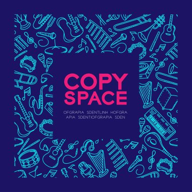 Müzik aleti el çizim set desen arka planda kare çerçeve illüstrasyon koyu mavi renk zemin, merkezi kopya alanı üzerine izole