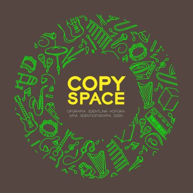 Müzikal alet çocuklar çizim set desen arka planda daire kare illüstrasyon izole kahverengi renk zemin, merkezi kopya alanı üzerine el