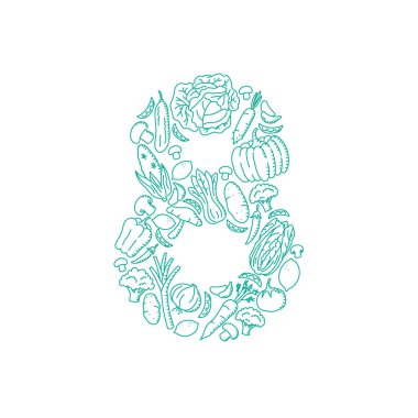 Vektör eps 10 harf sayı 8 veya 8, alfabe sebze desen set illüstrasyon çocuklar el konsept tasarımı yeşil renk, beyaz arka plan üzerinde izole çizimi