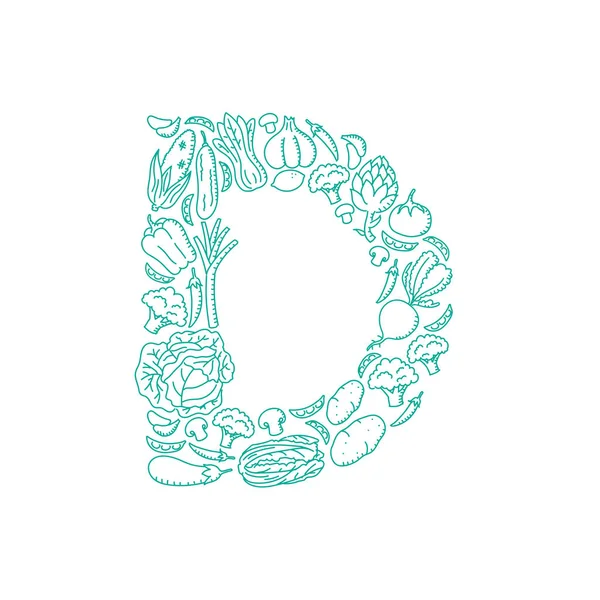 アルファベット野菜パターン設定文字 イラスト子供手の白い背景 ベクター Eps に分離された図面のコンセプト デザイン グリーン カラー — ストックベクタ