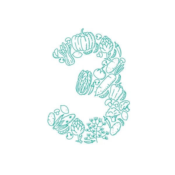 Brev Nummer Tre Eller Alfabetet Vegetabiliska Mönster Set Illustration Barn — Stock vektor