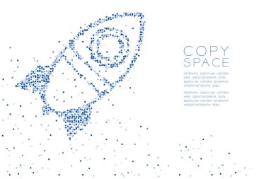 Soyut geometrik kare kutu desen çizgi film roket uzay gemisi şekli, uzay keşif kavramı mavi renk tasarlamak kopya alanı, vektör eps 10 beyaz zemin üzerine
