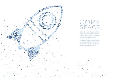 Soyut geometrik daire nokta deseni karikatür roket uzay gemisi şekli, uzay keşif kavramı mavi renk tasarlamak kopya alanı, vektör eps 10 beyaz zemin üzerine