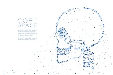 Soyut geometrik düşük Çokgen kare kutu piksel ve üçgen desen kafatası yan görünüm şekil, tıbbi bilim kavramı mavi renk tasarlamak kopya alanı, vektör eps 10 beyaz zemin üzerine