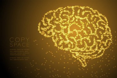 Soyut parlak yıldız deseni beyin yan görünüm şekil, yaratıcı bilim kavramı tasarım altın renk illüstrasyon izole kahverengi degrade arka plan kopya alanı, vektör eps 10 ile