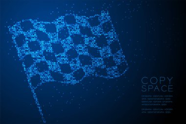 Soyut geometrik daire nokta piksel deseni Checkered bayrağı şekli, iş başarı konsept tasarımı mavi renk illüstrasyon izole kopya alanı, vektör eps 10 ile Mavi degrade arka plan üzerinde