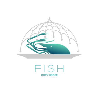 Karides ve plaka net eğrisi çerçeve gıda kapak şekli balıkçılık, balık metin ve kopya alanı ile beyaz arka plan üzerinde izole tasarlamak logo Icon set