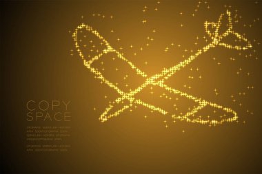 Soyut parlak yıldız deseni planör uçak şekli, iş seyahat konsept tasarım altın renk illüstrasyon izole kahverengi degrade arka plan kopya alanı, vektör eps 10 ile