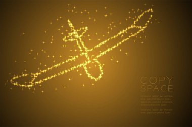Soyut parlak yıldız deseni planör uçak şekli, iş seyahat konsept tasarım altın renk illüstrasyon izole kahverengi degrade arka plan kopya alanı, vektör eps 10 ile