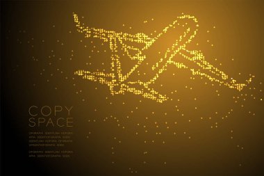 Soyut geometrik daire nokta piksel deseni uçak şeklini, ulaşım konsepti tasarım altın renk illüstrasyon izole kahverengi degrade arka plan kopya alanı, vektör eps 10 ile