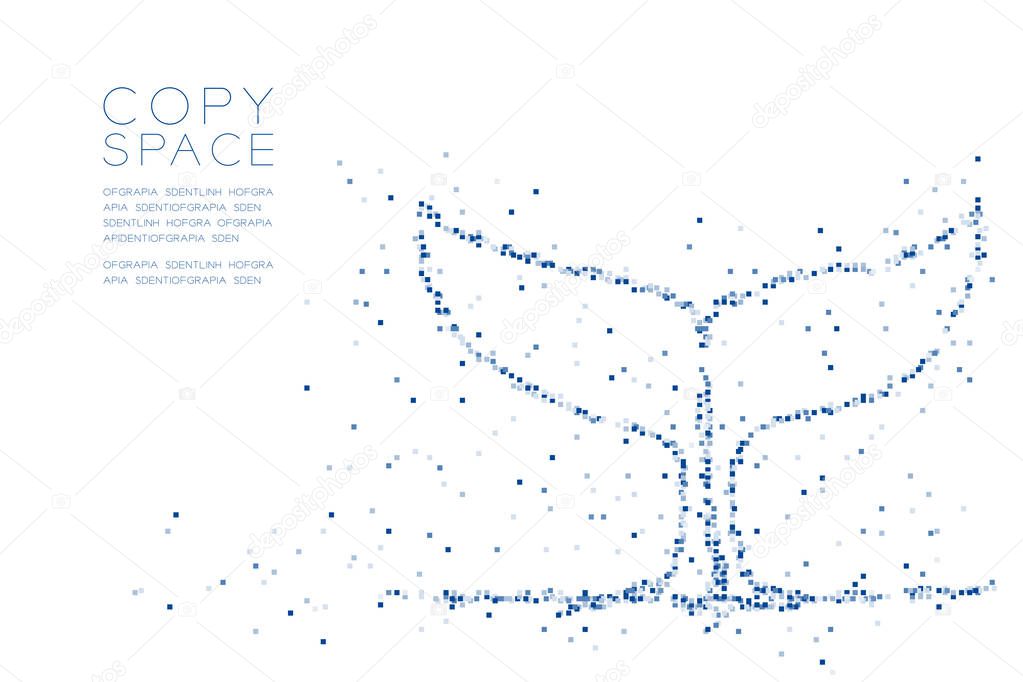 Abstract Geometric Square box pixel pattern Whale tail shape, aquatic and marine life concept design blue color illustration on white background with copy space, vector eps 10
