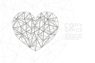 Kalp simgesi tel kafes Çokgen gümüş çerçeve yapısı, Sevgililer günü konsept tasarım illüstrasyon izole kopya alanı, vektör eps 10 beyaz zemin üzerine