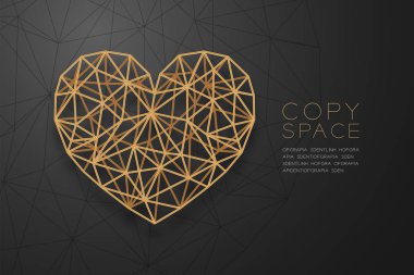 Kalp simgesi tel kafes Çokgen altın çerçeve yapısı, Sevgililer günü konsept tasarım illüstrasyon izole kopya alanı, vektör eps 10 siyah degrade zemin üzerine