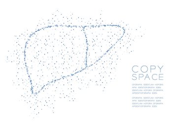 Karaciğer şekil soyut geometrik daire nokta piksel deseni, tıbbi bilim Organ konsept tasarım mavi renk illüstrasyon izole kopya alanı, vektör eps 10 beyaz zemin üzerine