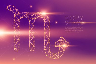 Akrep burç işareti tel kafes çokgen fütüristik bokeh hafif çerçeve yapısı ve lens flare, Fortune teller konsept tasarım illüstrasyon izole kopya alanı mor degradeler zemin üzerine