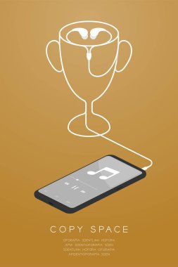 Kupa bardak numarası bir şekil yapılan kablo kulaklık, kulak tipi ile Smartphone izometrik düz çizmek, kazanan müzik konsept illüstrasyon izole ile yer, altın gradyan arka planı üzerinde vektör