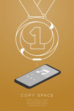 Bir numara şekli gelen kabloyu kulaklıklar kablosuz uzaktan kumanda, kulak tipi ile Smartphone izometrik düz çizmek, kazanan müzik konsept illüstrasyon izole alanı olan altın gradyan arka planı üzerinde yapılan madalya