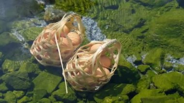 Yuvarlak bambu sepet kaplıca ve duman, Chaeson Milli Parkı, Mueang Pan, Lampang, Thailand hedef 4k görüntüleri video ile haşlanmış yumurta