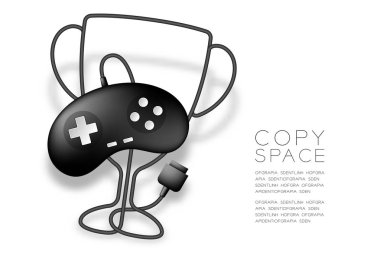 Kablo Retro Gamepad veya joypad siyah renk, oyun kazanan konsept tasarım illüstrasyon izole kopya alanı, vektör eps 10 ile beyaz zemin üzerine yapılan trophy Kupası şekli