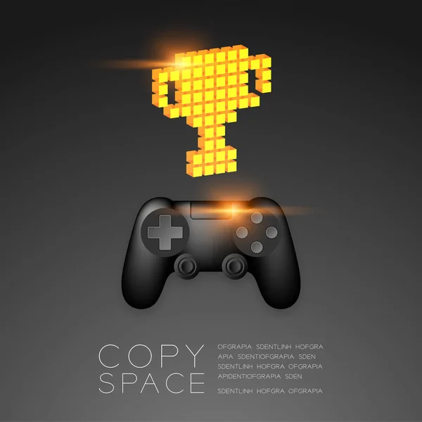 Siyah renk Altın Kupa bardak piksel simgesi, oyun kazanan konsept tasarım illüstrasyon izole kopya alanı ile siyah degradeler arka plan üzerinde gamepad veya joypad