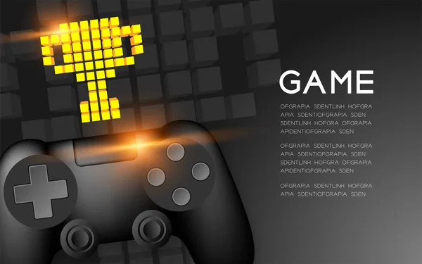 Gamepad nebo joypad černá barva s Gold Trophy Cup pixelů ikonu, vítěze hry koncept designu ilustrace izolované na černé přechody pozadí, kopírování prostor — Stockový vektor