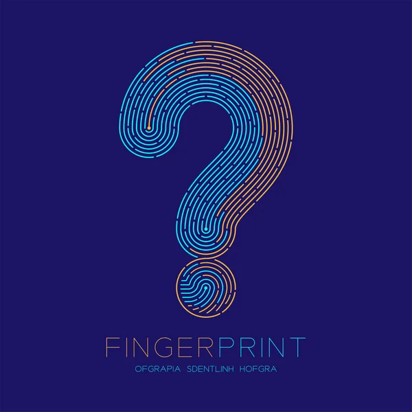 疑問符記号パターンの指紋スキャン ロゴ アイコン破線、疑い概念、編集可能なストロークの図青とオレンジ指紋本文と空間、ベクトル eps10 青い背景に分離 — ストックベクタ