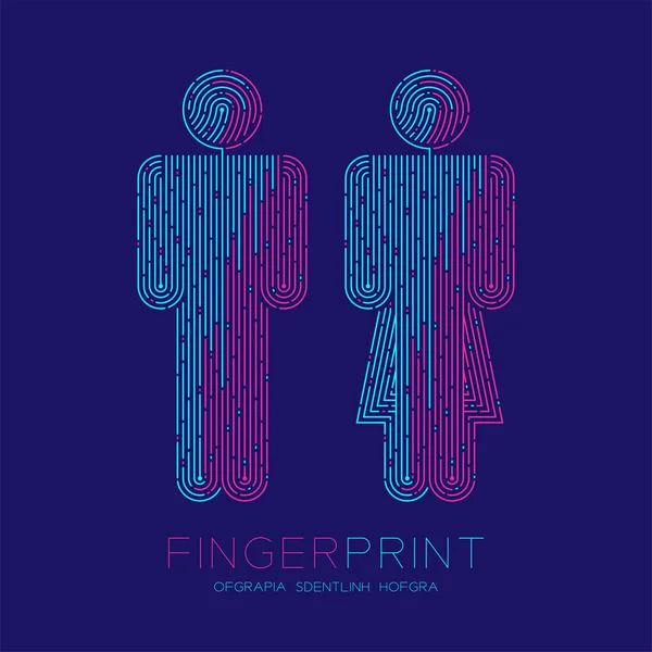 Männer und Frauen unterzeichnen Piktogrammmuster Fingerabdruck-Scan-Logo-Symbolstrich, männliches weibliches Geschlechterkonzept, editierbare Strichillustration blau und rosa isoliert auf blauem Hintergrund mit Fingerabdrucktext — Stockvektor