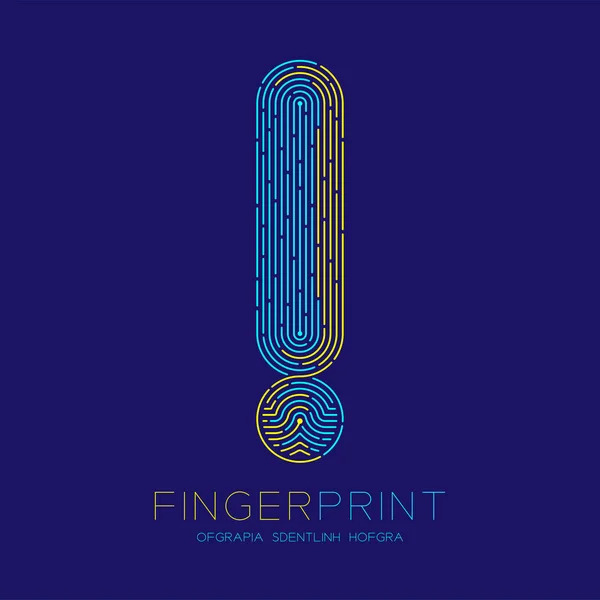 感嘆符記号パターンの指紋スキャン ロゴ アイコン ダッシュ ライン、警告の概念、編集可能なストロークの図青と黄色指紋テキストとスペース、ベクトルと青色の背景に分離 — ストックベクタ