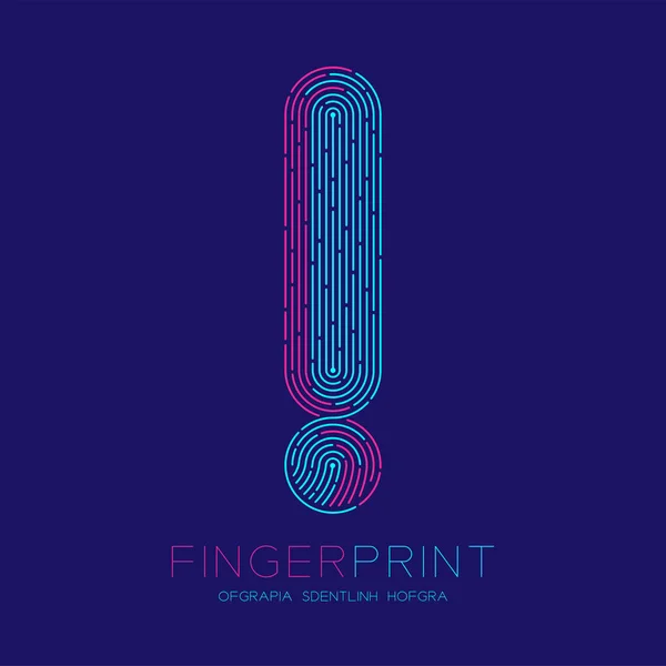 Ausrufezeichen Zeichen Muster Fingerabdruck Scan Logo Symbol Strich Linie, Warnkonzept, editierbare Strichillustration blau und rosa isoliert auf blauem Hintergrund mit Fingerabdruck Text und Leerzeichen, Vektor — Stockvektor