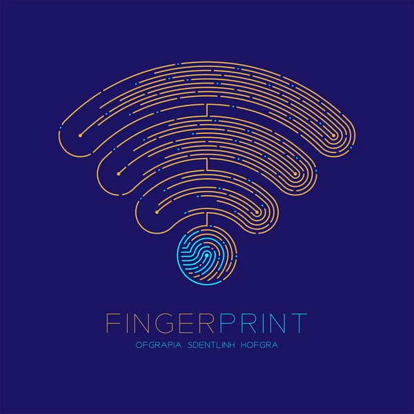 WiFi jel minta ujjlenyomat logó ikon szaggatott vonal, vezeték nélküli Internet csatlakozás, koncepció, szerkeszthető stroke ábrán kék és narancssárga, kék háttér, szöveg ujjlenyomat és a tér, a vektor elszigetelt — Stock Vector