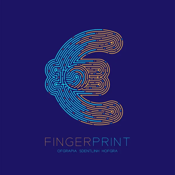 Währung eur (europäischer Euro) Zeichen Fingerabdruck-Scan-Muster Logo Strich Linie, digitale Kryptowährung Konzept, editierbare Strichillustration isoliert auf blauem Hintergrund mit Fingerabdruck-Text, Vektor eps — Stockvektor