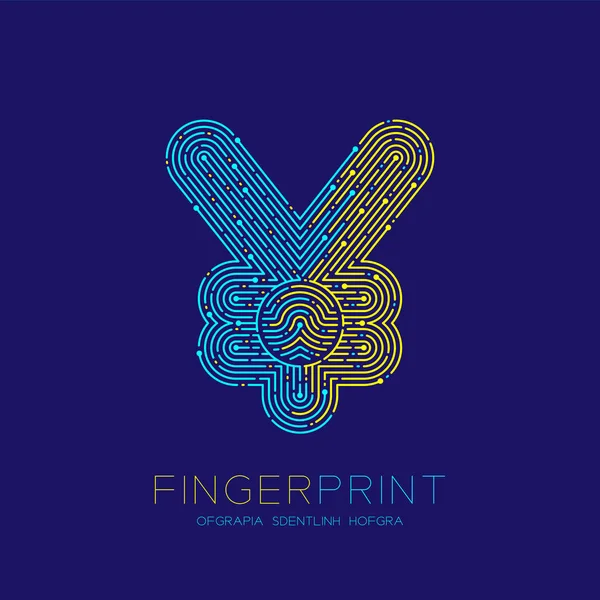 Währung jpy (japanischer Yen) Zeichen Fingerabdruck-Scan-Muster Logo Strich Linie, digitale Kryptowährung Konzept, editierbare Schlaganfall Illustration isoliert auf blauem Hintergrund mit Fingerabdruck Text, Vektor eps — Stockvektor