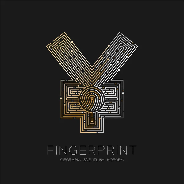 Währung jpy (japanischer Yen) Zeichen Fingerabdruck-Scan-Muster Logo Strich Linie, digitale Kryptowährung Konzept, Illustration isoliert auf schwarzem Hintergrund mit Fingerabdruck Text, Vektor eps — Stockvektor