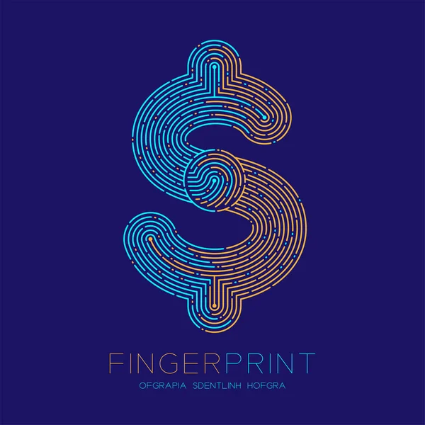 Währung USD (Vereinigte Staaten Dollar) Zeichen Fingerabdruck-Scan-Muster Logo Strich Linie, digitale Kryptowährung Konzept, editierbare Schlaganfall Illustration isoliert auf blauem Hintergrund mit Fingerabdruck Text — Stockvektor