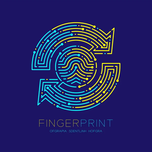 Refresh Sign Fingerprint Scan Muster Logo Strich Linie, digitales Datentechnologiekonzept, editierbare Strichillustration gelb und blau isoliert auf dunkelblauem Hintergrund mit Fingerabdrucktext, Vektor eps — Stockvektor