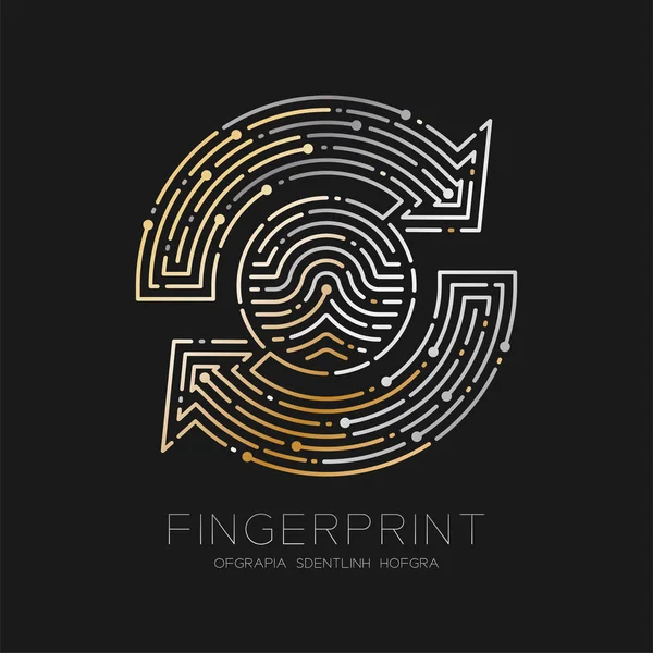 Refresh Sign Fingerprint Scan Muster Logo Dash Line, digitales Datentechnologiekonzept, Illustration Silber und Gold isoliert auf schwarzem Hintergrund mit Fingerabdrucktext, Vektor eps 10 — Stockvektor