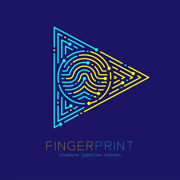 Play Sign Fingerprint Scan Muster Logo Strich Linie, Digitaltechnologie Start-Konzept, editierbare Strichabbildung gelb und blau isoliert auf dunkelblauem Hintergrund mit Fingerabdrucktext, Vektor eps — Stockvektor